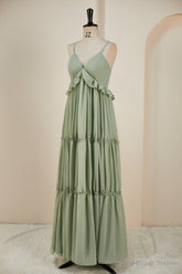 Sage Lace-Up Deep V Neck Ruffled Empire Long Prom Dress